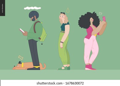 Waiting in line - modern flat vector concept illustration of a young men a women standing in line with smartphones, talking to each other. Multicultural, multilingual people, diversity concept