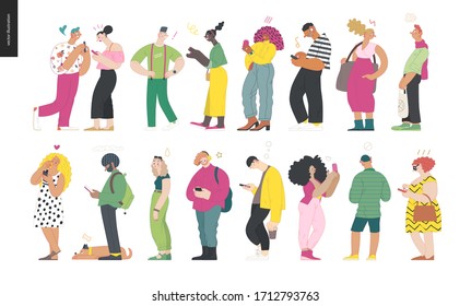 Waiting in line - modern flat vector concept illustration of a young men a women standing in line with smartphones, talking to each other. Multicultural, multilingual people, diversity concept