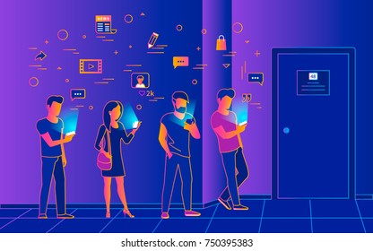 Waiting in line near a door vector illustration of people using smartphones for reading new, texting and tracking networks. Gradient line design of wifi addiction of young people waiting inline Waiting in line near a door vector illustration of people using smartphones for reading new, texting and tracking networks. Gradient line design of wifi addiction of young people waiting inline