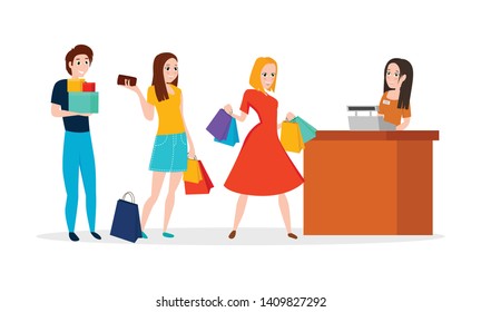 Waiting Line Of People. Different People In Long Queue. Vector Illustration