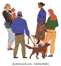 Waiting line, people queuing. Vector illustration. People waiting in line often make small talk to pass time People pet owners make conversation about their dogs and cats. A group people waiting