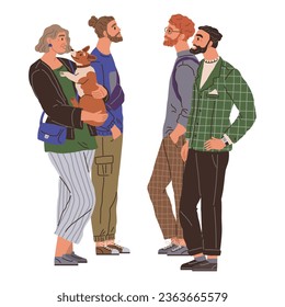Waiting line, people queuing. Vector illustration. People waiting in line at coffee shop were browsing their phones Its important that people vote at election time to participate in democracy