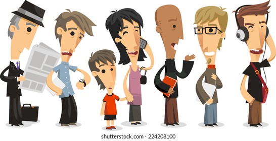 Waiting Line Standing People In A Row, Vector Illustration Cartoon.