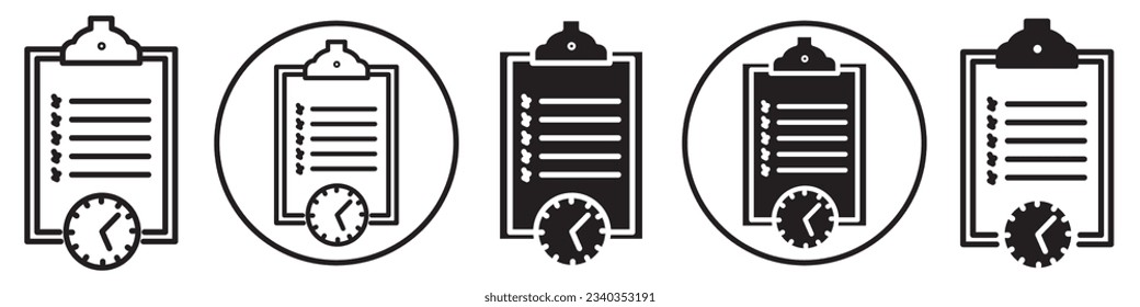 Waiting List symbol Icon set vector collection. shortlisted contract list on notepad. Sign of report of letter of agreement. Office document page with clock or timer watch for web app ui use