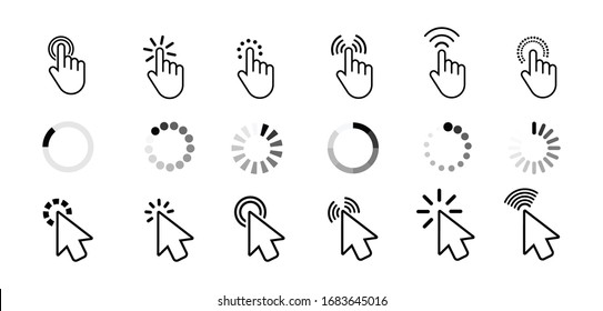 Waiting, loading, icons., Pointing, hands, pressing, cursor., cursor, arrows., Vector, graphics, white, background,