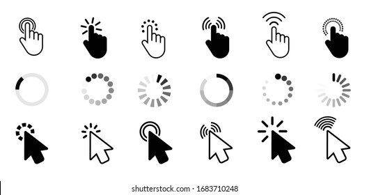 Waiting, loading, icons., Pointing, hands, pressing, cursor., cursor, arrows., Vector, graphics, white, background, websites.