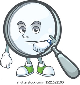 Waiting magnifying glass cartoon character with mascot.