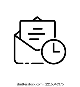 Waiting mail line icon. Envelope, watch, Letter, text, mail, correspondence, letters, message, clock. Communication concept. Vector black line icon on a white background