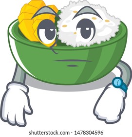 Waiting mango sticky rice with a mascot