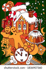 Waiting for Merry Christmas. Santa Claus, gingerbread house, Ginger man, cookies, gift, tree, stars, clock, candies for celebration. Card for kids, adults, school.