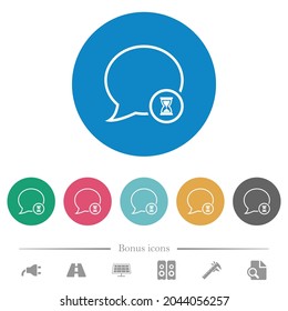 Waiting message outline flat white icons on round color backgrounds. 6 bonus icons included.