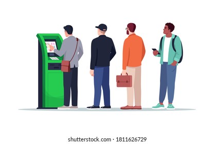 Waiting near ATM semi flat RGB color vector illustration. People queue to pay with terminal. Withdraw cash from kiosk. Bank customers isolated cartoon character on white background