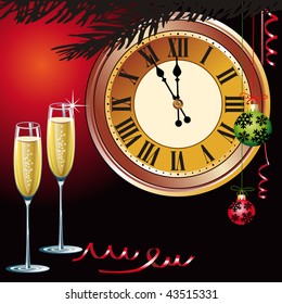 Waiting the New Year with champagne and clock