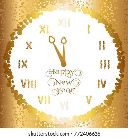 Waiting for the New Year. Hours and snow. Snow on a gold background