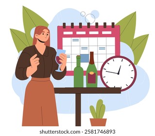 Waiting for new year. Woman with wine bottles near calendar and clocks. Young girl celebrating winter holiday and festival. Christmas and Noel Eve. Flat vector illustration