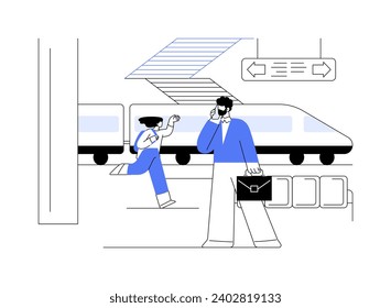 Waiting on a platform abstract concept vector illustration. Man speaks on the phone while waiting for the subway at the station, urban transportation, public transport abstract metaphor.