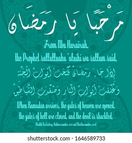 Waiting for one month of forgiveness. sayings of the prophet muhammad, islamic pattern,Ramadan poster, turquoise blue background, hadith vector text.  Vector 5.