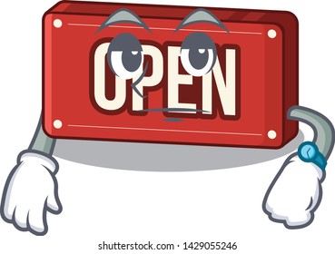 Waiting open sign above on table cartoon