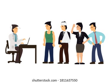 Waiting patients queueing for medical doctor. Healthcare lacking concept. Vector illustration.