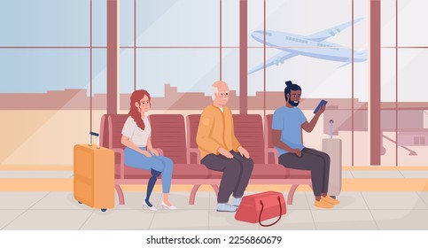 Waiting for plane departure and arrival flat color vector illustration. Passengers sitting in chairs. Fully editable 2D simple cartoon characters with airport terminal interior on background