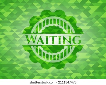 Waiting realistic green emblem. Mosaic background. Vector Illustration. Detailed. 