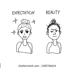 
waiting and reality when a girl does her hair on white background. Hand drawn vector illustration.