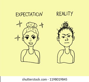 
waiting and reality when a girl does her hair on yellow background. Hand drawn vector illustration.