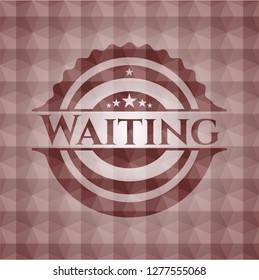 Waiting red emblem or badge with geometric pattern background. Seamless.