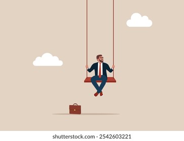 Waiting. Relax businessman swinging on the swing. Patience time, practice to concentrate and wait for success, being professional calm and mindfulness thinking. Flat vector illustration. 