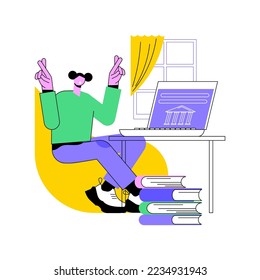 Esperando por resultados ilustraciones vectoriales de dibujos animados aislados. Niña nerviosa cruzando los dedos y esperando resultados de exámenes con laptop, proceso de educación universitaria, caricatura vectorial de la vida estudiantil.