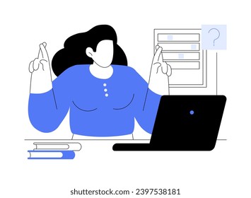 Waiting for results isolated cartoon vector illustrations. Nervous girl crossing her fingers and waiting exam results with laptop, university education process, student life vector cartoon.