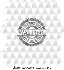 Waiting retro style grey emblem with geometric cube white background