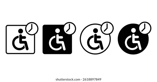 Waiting Room Accessibility Icons Black and White Square and Circle Wheelchair Symbols with Clock Vector Design