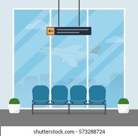 The waiting room at the airport. Modern interior of the airport lounge building with blue armchairs for passengers awaiting departure. Vector illustrations in a flat style. 