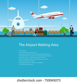 Waiting Room at the Airport with Passengers, View on Airplanes through the Window, Travel and Tourism Concept, Poster Brochure Flyer Design, Vector Illustration 