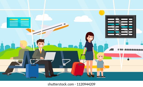 Waiting room at the airport with people and view on airplanes. Airport hall interior with chairs, information panels, isolated vector illustration. 