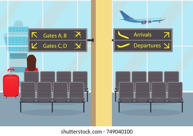 Waiting room at the airport seat, a woman passenger with a suitcase, information signs. Plane taking off and control tower outside the window. Cute vector illustration