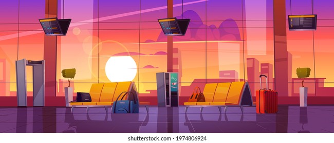 Waiting room in airport terminal with chairs, security scanner, luggage and schedule display at evening. Vector cartoon interior of departure area with seats, metal detector and sunset sky outside