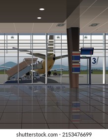 The waiting room in the airport terminal, outside the window is a plane with a ladder. Vector.