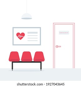 Waiting Room. Cardiologist. Three Red Empty Chairs. A Poster On The Wall. Ceiling Light. Linear Door. Medical Appointment.Vector Illustration, Flat Design