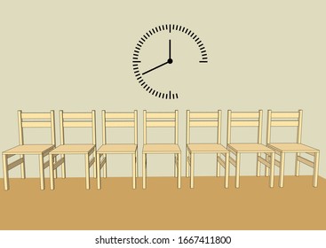 Wartezimmer. Korridor-Stühle mit Uhr