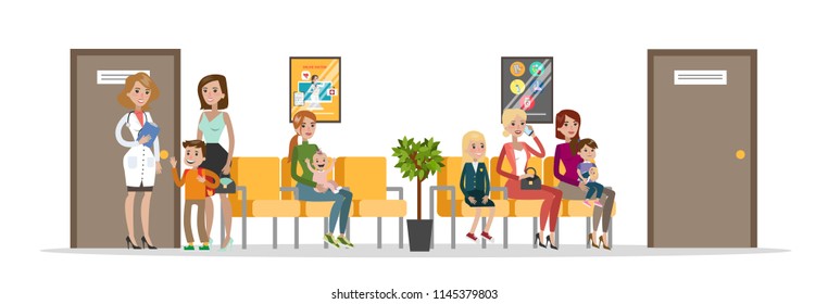 Waiting room in children hospital. Mothers and their kids waiting in queue for medical consultation. Clinic interior. Isolated vector flat illustration