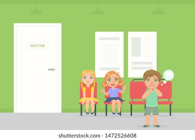 Waiting Room For Children In Hospital, Sick Kids Sitting On Chairs And Waiting For Doctor Examination Vector Illustration