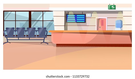 Waiting room with counter in airport vector illustration. Bright space with cooler, hanging screen and chairs in row. Airport concept