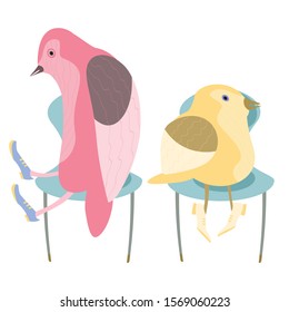 Waiting room with cute birds sitting och waiting for their turn. Vector hand drawn illustation isolated on white.