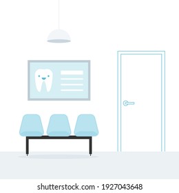 Waiting Room. Dentist. Three Blue Empty Chairs. A Poster On The Wall. Ceiling Light. Linear Door. Medical Appointment. Vector Illustration, Flat Design