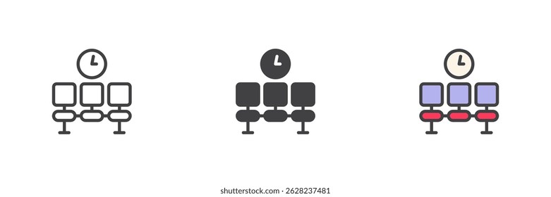 Waiting room different style icon set. Line, glyph and filled outline colorful version, outline and filled vector sign. Seats and clock symbol, logo illustration. Vector graphics
