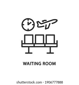 Waiting room flat line icon. Vector illustration row of chairs, clock and flying plane. Flight delay.