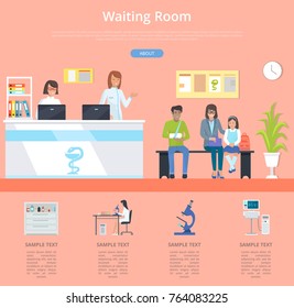 Waiting Room Hospital Service With Clinic Front Desk And Patients Waiting For Doctor's Appointment. Vector Illustration With Hospital Foyer And Staff