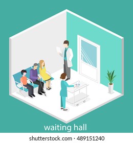 waiting room in hospital. Visitors sit on the chairs in the corridor. patient waits to receive a doctor. Flat 3D vector illustration.